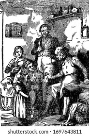 Two men, woman and two children, a man sitting on table and giving something to child, vintage line drawing or engraving illustration