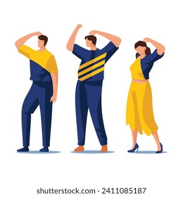 Two men and a woman doing stretching exercises, dressed in blue and yellow sporty clothing. Fitness workout routine, group activity, health concept vector illustration