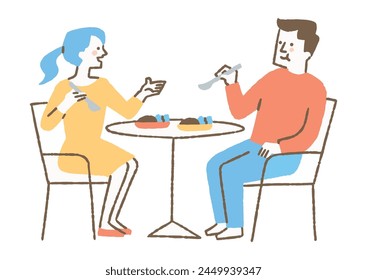 Dos hombres y una mujer comiendo fuera_Color