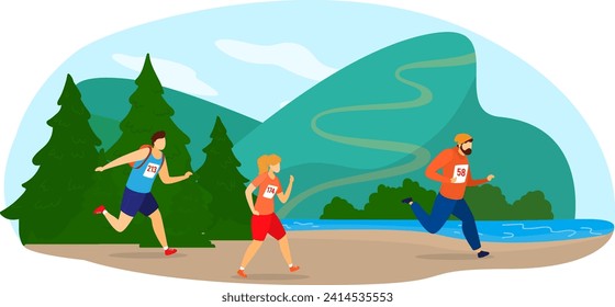 Two men and a woman are running in a marathon race outdoors, with numbers on their sportswear, trees and mountains in the background. Competition in nature and fitness challenge vector illustration.