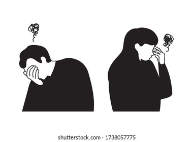Two men and women who look depressed and serious. People under stress. Mental health concept illustrations.