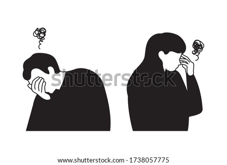 Two men and women who look depressed and serious. People under stress. Mental health concept illustrations.