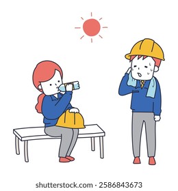 Two men and women in work clothes taking a break in the heat