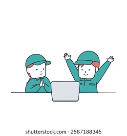 Two men and women in work clothes looking at a computer screen with joy