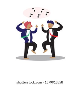 Two men wore suits that looked happy, dancing, happy, successful.vector cartoon flat.