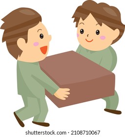 Two men in work clothes carrying luggage