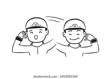 Two men in work clothes wearing a helmet Doodle line art on white background.