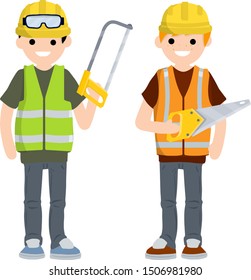 Two Men workers in uniform with helmets. Jigsaw, gloves, glasses, vest and helmet. Industrial safety. Maintenance service. Loggers and objects for sawing wood. Repair and installation tools.