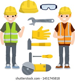 Two Men workers in yellow and green uniform with helmets. Repair and installation tools. Industrial safety. Maintenance service. Screwdriver, wrench, grinder, hammer, glasses and helmet