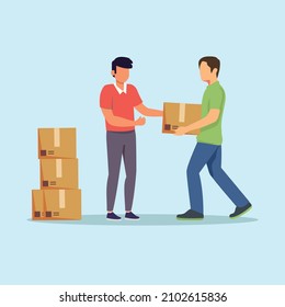 Dos hombres están trabajando para traer y arreglar la caja. Trabajo en equipo. Trabajador duro. Ilustración vectorial colorida.