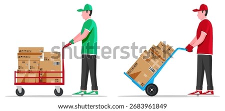 Two men working as delivery and warehouse workers. Flat vector illustration for shipping and logistics service with package boxes.