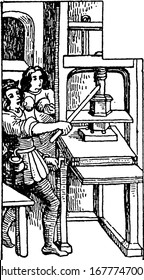 Two men working the Gutenberg printing press. It shows the printing machine in three images, vintage line drawing or engraving 