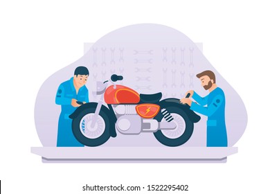 Two men working on a classic motorcycle in the garage shop