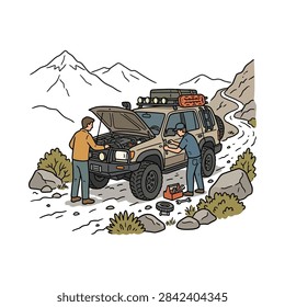 Two men are working on the engine of a rugged off-road vehicle parked on a dirt road in a mountainous landscape.