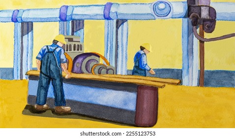 Dos hombres están trabajando en un aserradero. Están usando mazmorras y cascos. Acuarela sobre papel acuarela. Vector en formato panorámico.