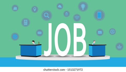 Two men working at  their desks with the word job written between them