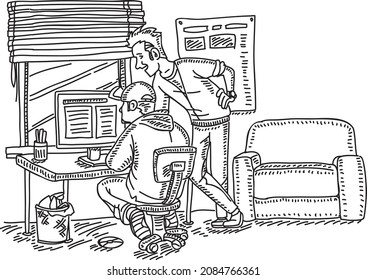 Two men working together. Study together  - sketchy hand-drawn vector illustration. 