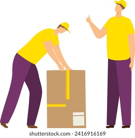 Two men in yellow shirts measuring a package, one measuring with tape and one giving thumbs up. Delivery workers ensuring parcel dimensions. Workplace teamwork and package delivery vector illustration