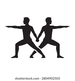 Two men in yoga poses holding hands in synchrony fitness and harmony