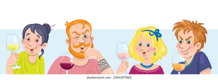 Two men and  two young women with glasses of wine in their hands. Banner in cartoon style. Isolated on white background. Vector flat illustration.