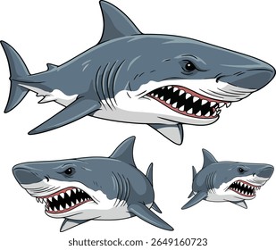 Two menacing gray sharks with sharp teeth bared are captured mid-burst from a dynamic, jagged explosion of red and yellow against a clean white background. The illustration style is bold and cartoonis