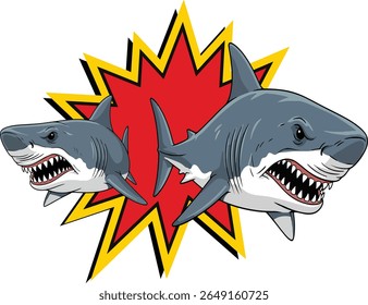 Two menacing gray sharks with sharp teeth bared are captured mid-burst from a dynamic, jagged explosion of red and yellow against a clean white background. The illustration style is bold and cartoonis