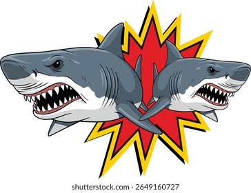 Two menacing gray sharks with sharp teeth bared are captured mid-burst from a dynamic, jagged explosion of red and yellow against a clean white background. The illustration style is bold and cartoonis