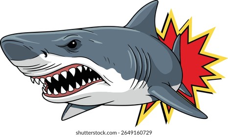 Two menacing gray sharks with sharp teeth bared are captured mid-burst from a dynamic, jagged explosion of red and yellow against a clean white background. The illustration style is bold and cartoonis
