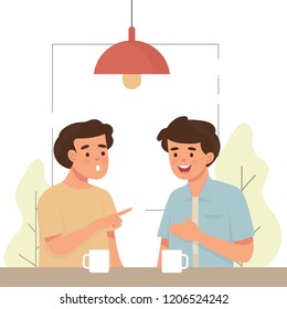 two men/boy sit in a cafe and drink coffee/tea and share some story