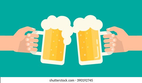 Two men's hands clinking mugs with a cold beer. Isolated vector illustration flat design.