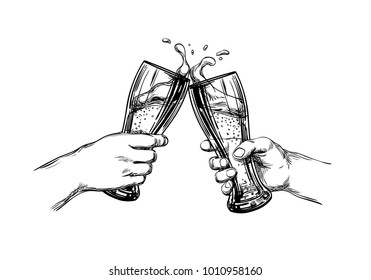 Two men's hands with a cool beer pint, clink glasses with a splash of beer foam. Meeting Friends in a pub. Concept for a bar menu, Oktoberfest, Festival poster, brewing. Isolated Vintage vector sketch