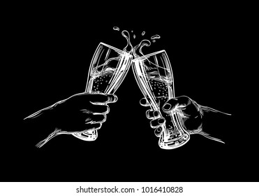 Two men's hands with a cool beer pint, clink glasses with a splash of beer foam. Meeting Friends in a pub. Concept for a bar menu, Oktoberfest, Festival poster, brewing. White on black, vector sketch