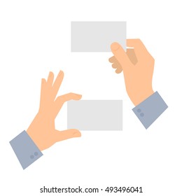 Two Men's Hands Are Holding Business Cards. Template Flat Illustration Of Businessman's Hands And Blank Cards. Vector Isolated On White Background Design Elements For Infographics, Presentations.