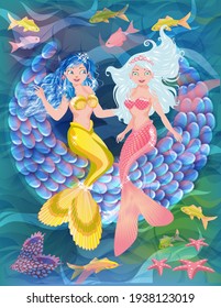 Two mermaid girlfriends ride on the moon swing. vector illustration