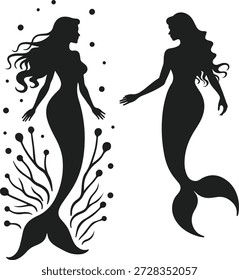 Duas silhuetas de sereia contra um pano de fundo de plantas aquáticas e pontos espalhados