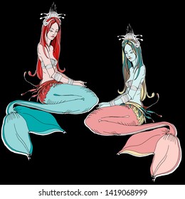 Two mermaid. Vector hand drawing illustration. isolated on black. colorful illustration.