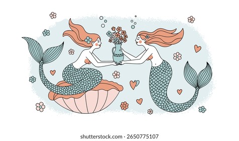 Two mermaids celebrating with a flower bouquet on a seashell