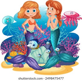Two mermaids exploring a colorful coral reef