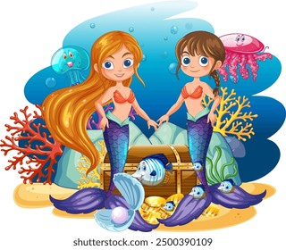 Two mermaids exploring a treasure chest underwater