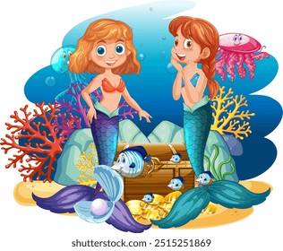 Two mermaids exploring a treasure chest underwater