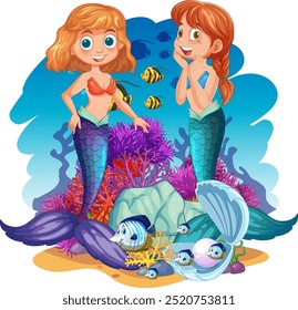 Two mermaids with fish and coral reef