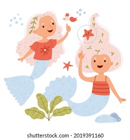 Two mermaids with fish.Underwater fantasy world. Illustration for children's book.