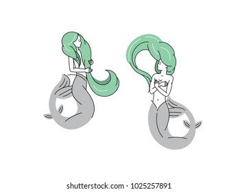 Two mermaids with green hair in a minimalist style. Isolated on white background. Line art illustration.