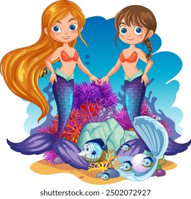 Two mermaids holding hands underwater with sea creatures