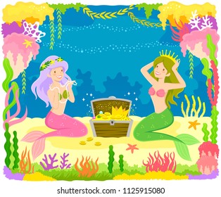 Two mermaids playing with a treasure chest surrounded by colorful corals