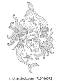 Two Mermaids in the sea. Hand drawn sketch illustration for adult coloring book. Zentangle stylized cartoon isolated on white background. 