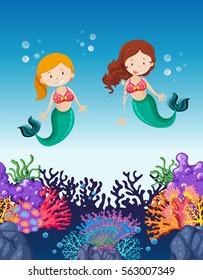 Two mermaids swimming under the ocean illustration