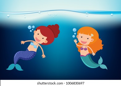 Two mermaids swimming under the sea illustration