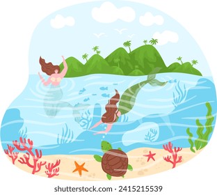 Two mermaids swimming underwater near coral reef with tropical island in background. Cartoon marine life with turtles and fishes. Fairy tale ocean adventure, fantasy creatures in sea vector