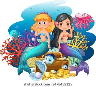 Two mermaids with treasure chest underwater